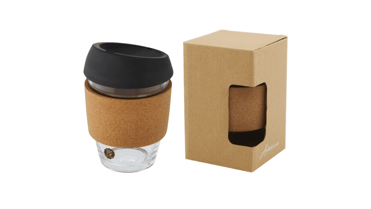 Kaffeebecher aus Borosilikatglas mit Korkgriff und Silikondeckel 360 ml